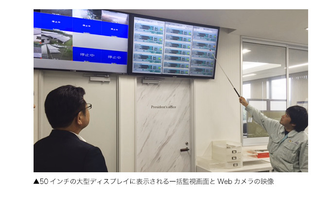 50インチの大型ディスプレイに表示される一括監視画面とWebカメラの映像